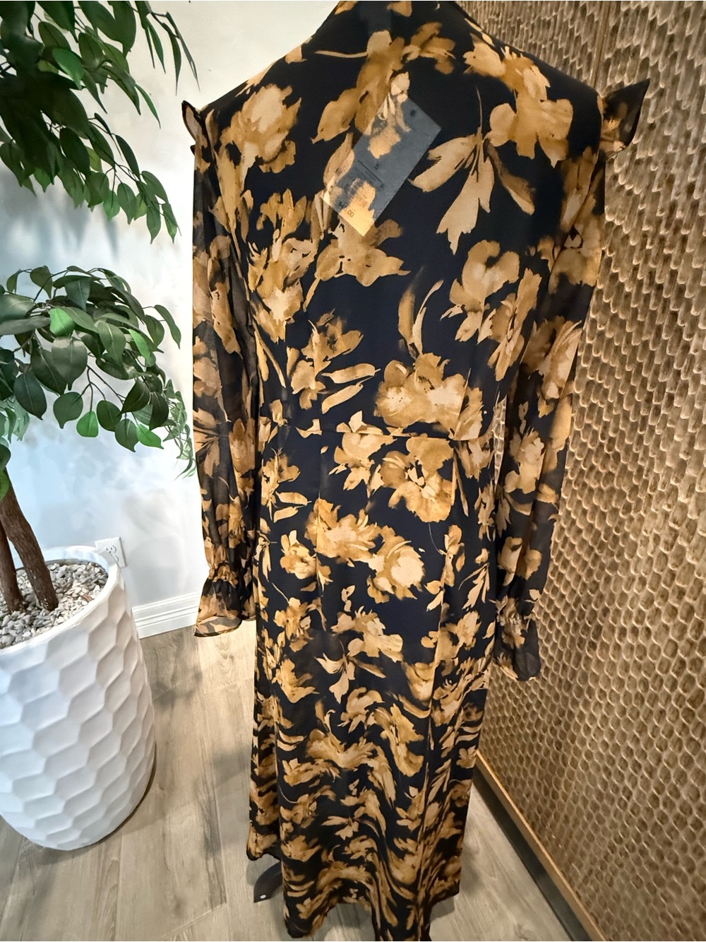 NWT A New Day Sheer Black & Mustard Floral Long Sleeve Maxi Dress Women’s Small - Picture 11 of 11